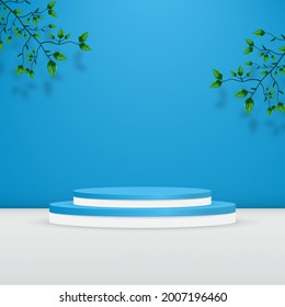 fondo de podio de producto texturizado con hojas en la pared azul
