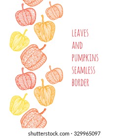 Textured pumpkins and leaves seamless border.