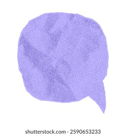 Textured purple speech bubble made of crumpled paper, isolated template for banner. Dialogue balloon with dotted gritty texture halftone effect, notebook sheet with rugged torn edges.