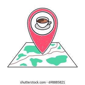 Textured red geotag icon with a cup of black coffee symbol pointing at a map. Coffeehouse emblem. Mobile device, smartphone app, website vector illustration. Cafeteria sign. Cafe location on a plan.
