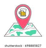 Textured red geotag icon with a pint of beer symbol pointing at a map.Bar, irish pub, tavern icon.Craft beer brewery sign. UI,mobile device,smartphone app,website vector illustration.Weekend nightlife