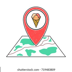 Textured red geotag icon, triple ice cream in a waffle cone symbol pointing at a map. Street food business on a city plan.UI,app,website vector illustration. Summer cafe sign. Dessert delivery search.