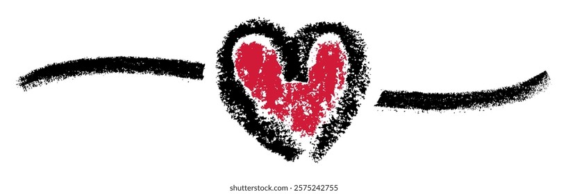 Textured red heart with bold black strokes for a dramatic, grunge-inspired aesthetic. Vector illustration.