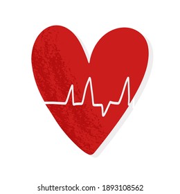 Textured red heart with cardiogram of heartbeat and shadow. Vector illustration on isolated background.