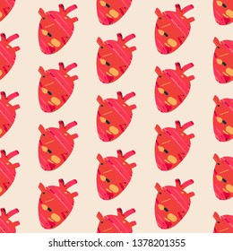 Textured red heart hand drawn seamless pattern anatomy organ on light font medical illustration