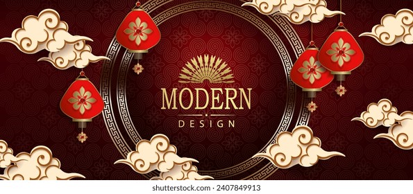 Textured red illustration with round frame, lanterns on pendants in paper art style.