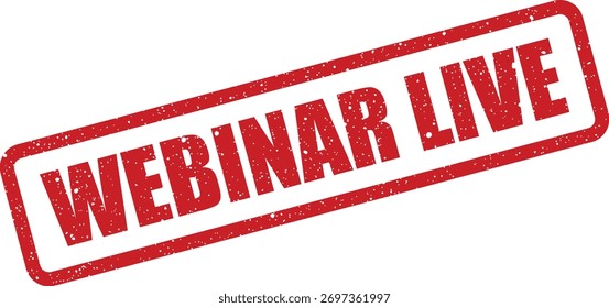 Un sello de goma rojo texturizado que muestra el texto 'WEBINAR LIVE', perfecto para indicar una transmisión o evento virtual activo y en curso.