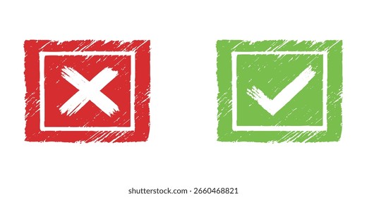 Texturierte rote X- und grüne Markierungssymbole in quadratischen Feldern, die mit einem rauen Pinselstrich-Effekt erstellt wurden. Ideal für Entscheidungen, Formulare oder Feedback-Grafiken. Vektorkunst