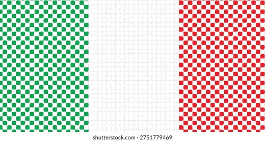 A textured representation of the Italian flag, featuring vertical stripes of green, white, and red. Each color stripe is composed of numerous small, rounded squares, creating a unique pixelated pattern and visual texture.