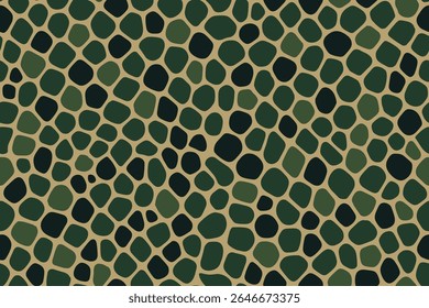 Padrão de pele de réptil texturizado em verde escuro e verde-oliva com layout ponto orgânico.