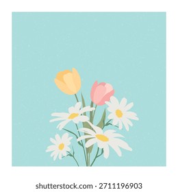Textured retro style, vector illustration depicting a bouquet of daisies and tulips, spring flower arrangement on a blue background