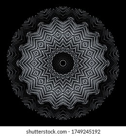 Textured round 3d halftone vector mandala pattern. Surface grunge background. Repeat dotted backdrop. Geometric half tone circles ornament. Abstract modern ornate design. Grungy rough texture.