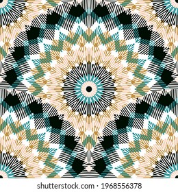 Textured round mandalas seamless pattern. Ornamental vector colorful background. Repeat geometric decorative backdrop. Radial shapes, zigzag lines, stripes, circles. Tribal ethnic style ornaments.