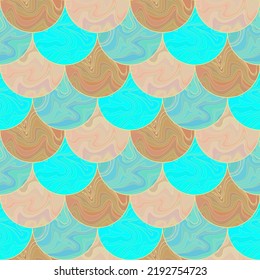 Textured scale pattern. Abstract geometric background. Reptile, dragon, fish skin, animal scale ornament. Beige, brown and blue round scales with liquid fluid texture