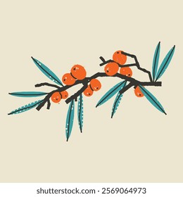 Textured sea buckthorn branch. Botanical stylish illustration. Vector print, postcard, design element