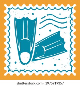 Textured sea post stamp with a diving or swimming fins and waves. For decoration, design or scrapbooking. Vector shabby hand drawn illustration