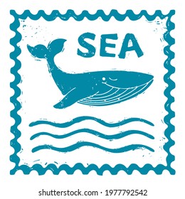 Textured sea post stamp with waves, blue whale and lettering "sea". Grange whale. For decoration, design, tattoo or scrapbooking. Vector shabby hand drawn illustration