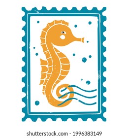 Textured sea post stamp with yellow seahorse and waves. Sea animal in a cartoon style. For decoration, design, tattoo or scrapbooking. Vector shabby hand drawn illustration