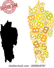 Textured Seafood Zone stamp seal, and money collage map of Mizoram State. Red round stamp seal contains Seafood Zone text inside circle. Map of Mizoram State collage is done of investment, dollar,