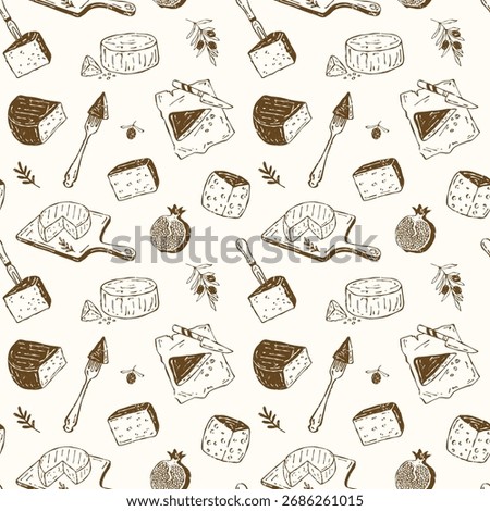 Textured seamless hand-drawn doodle vector pattern featuring various cheeses, olives, and pomegranate. Perfect for restaurant menus, posters, invitations, packaging, and decor