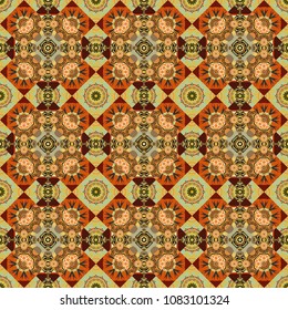 Textured seamless pattern. Abstract blurred paisley orange, yellow and green ornament. Orient popular style. Sloping seamless colorful ornament for design and backgrounds. Vector illustration.