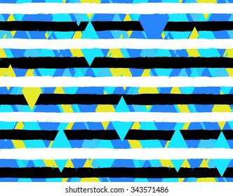 Textured Seamless Pattern. Cute rhombus striped background in blue, yellow, black and white colors. For fabric print, furniture design, wallpaper, wrapping paper, greeting, business cards. Vector