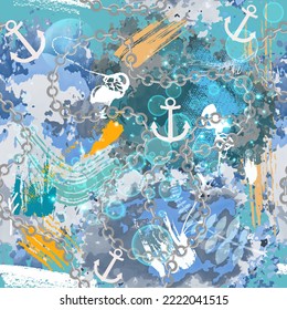 Textured seamless pattern. Modern light blue watercolor background. Repeat vector marine style backdrop. Rough grunge texture. Abstract ornaments wich anchors, chains, bubbles, brush strokes, doodles.