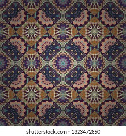 Textured seamless pattern. Orient popular style. Vector illustration. Sloping seamless colorful ornament for design and backgrounds. Abstract blurred paisley beige, gray and violet ornament.