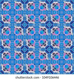 Textured seamless pattern. Sloping seamless colorful ornament for design and backgrounds. Orient popular style. Vector illustration. Abstract blurred blue, purple and violet ornament.