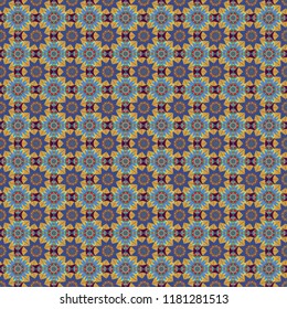 Textured seamless pattern. Sloping seamless colorful ornament for design and backgrounds. Abstract blurred paisley blue, yellow and violet ornament. Orient popular style. Vector illustration.