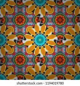 Textured seamless pattern. Sloping seamless colorful ornament for design and backgrounds. Abstract blurred paisley orange, blue and white ornament. Orient popular style. Vector illustration.