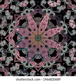 Textured seamless pattern. Vector ornamental tapestry background. Colorful floral tribal ethnic ornaments. Embroidered repeat design. Grunge endless texture. Embroidery flowers, leaves, shapes, lines.