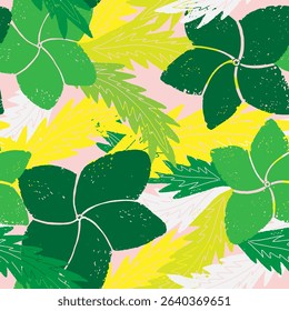 Textured seamless tropical pattern with palm leaves and exotic flowers.