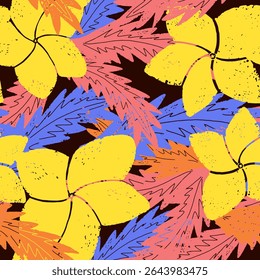 Textured seamless tropical pattern with palm leaves and exotic flowers.