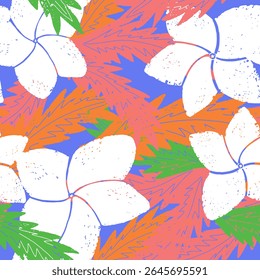 Texturizado padrão tropical sem costura com folhas de palma e flores exóticas.