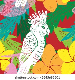 Textured seamless tropical pattern with palm leaves and exotic flowers.