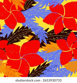Textured seamless tropical pattern with palm leaves and exotic flowers.