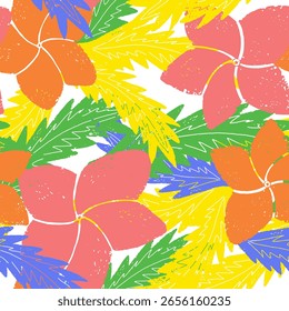 Textured seamless tropical pattern with palm leaves and exotic flowers.