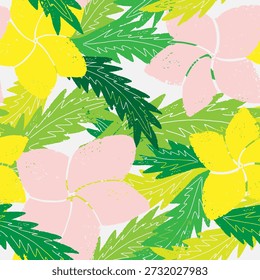 Textured seamless tropical pattern with palm leaves and exotic flowers.