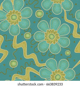 Textured seamless vector pattern with flowers and abstract elements. Full color dimpled texture background with shades of turquoise and gold. Packing for fabric or wrapping paper