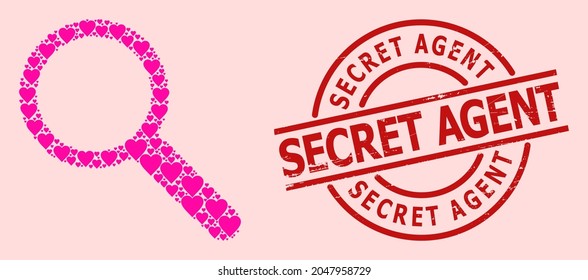 Textured Secret Agent seal, and pink love heart mosaic for search. Red round seal contains Secret Agent caption inside circle. Search mosaic is done of pink wedding items.