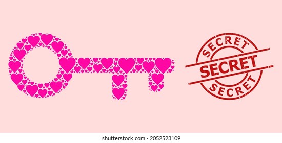 Textured Secret stamp seal, and pink love heart pattern for key. Red round stamp seal contains Secret tag inside circle. Key mosaic is organized of pink romance elements.