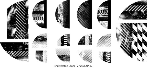 Conjunto de vetores de semicírculos texturizados. Modelos de mídias sociais com falhas . Formas de semicírculo na moda . Quadro com falha .Grunge texturizado. Efeito angustiado. Formas com uma textura de impressão de tela de pontos de meio-tom.
