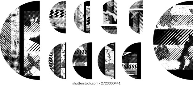 Conjunto de Vector semi círculos texturizados. Fallas en las Plantillas de redes sociales . Formas de media circunferencia de moda . Glitched marco. Grunge texturizado. Efecto angustiado. Formas con textura de serigrafía de puntos semitonos.
