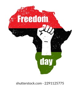 Textured Silhouette Of Africa In Colors Of The Black History Month Flag. A Clenched Fist Symbolizing Freedom Day and African American Independence Day. Vector Illustration Isolated On White Background