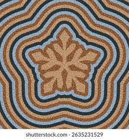 Textured snowflake design in warm brown and blue concentric waves. Vector illustration with retro winter aesthetic.