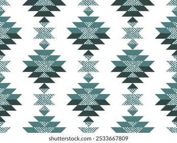 Textured Southwest Aztec diamonds rows pine green Vector Pattern. Burlap texture monochrome timeless tribal geometrics seamless pattern.