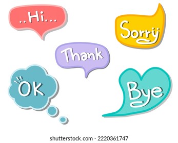 Textured speech bubbles signs pastel 3D. Hi , sorry, ok, thank and bye sign.Messaging design elements. Elements.