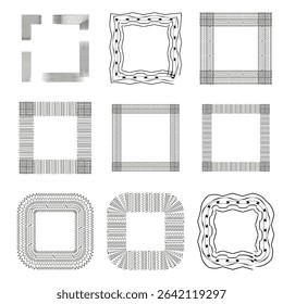 Textured square icons. Decorative box symbol. Abstract shape set. Vector pattern frame.