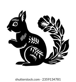 Textured squirrel hand drawn in linocut or woodcut style, silhouette vector illustration, isolated on white background